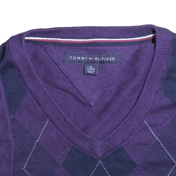 Tommy Hilfiger Men's Sweater Sz XL Argyle Purple Long Sleeve V-Neck Cotton EUC - Picture 4 of 14